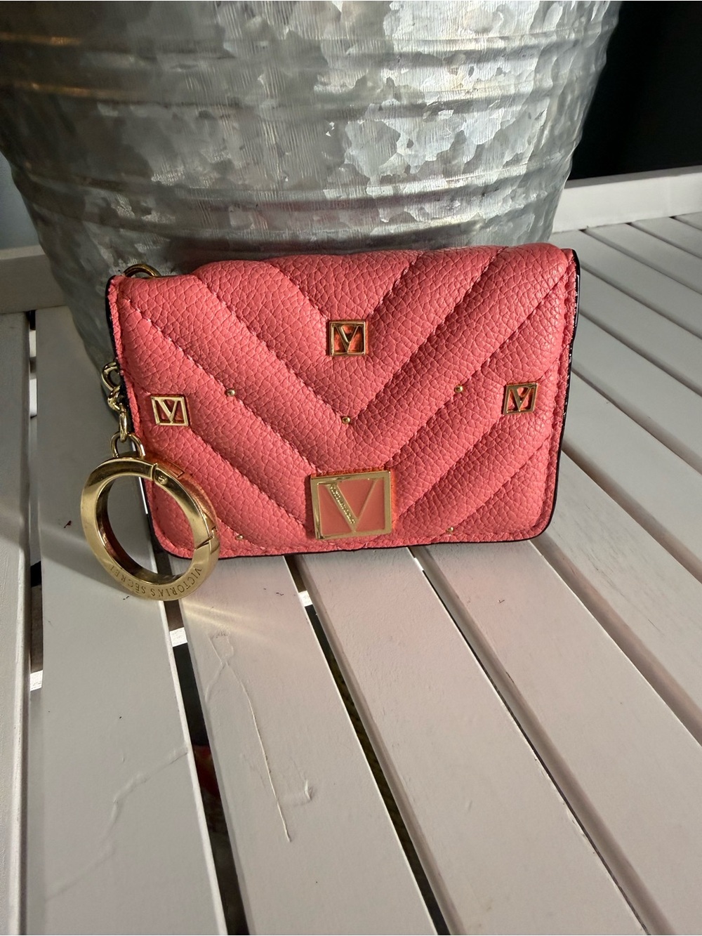Victoria Secret pink V quilted studded logo foldable Card Case EUC